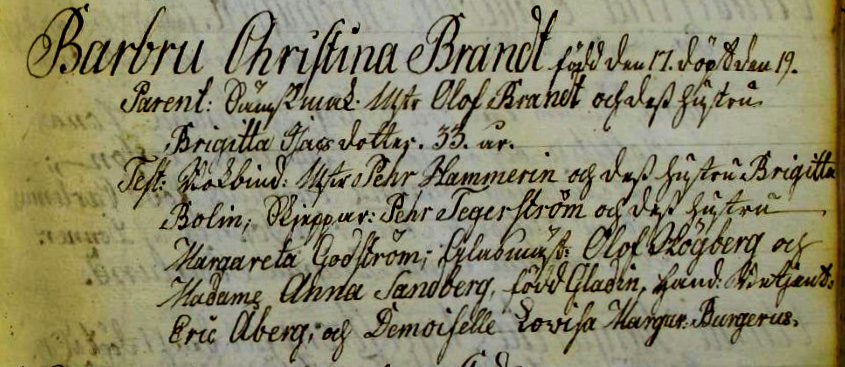 Udsnit af kirkebog, Daab af Barbru Christina Brandt